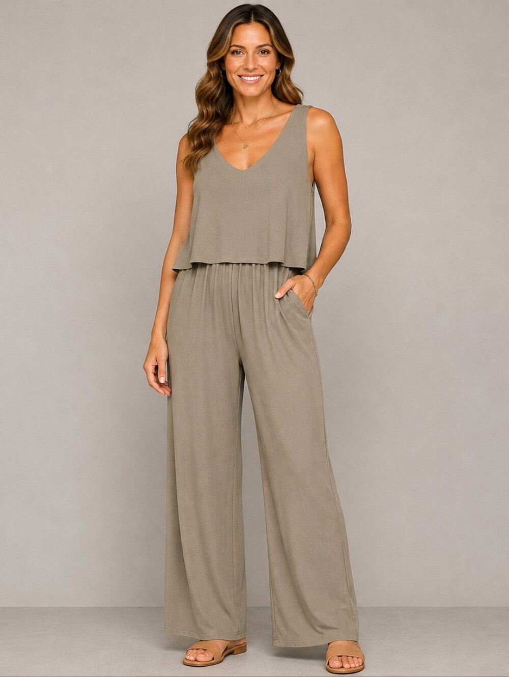 Olive Green Overlay Wide Leg Jumpsuit Size Large V Neck Sleeveles A-256